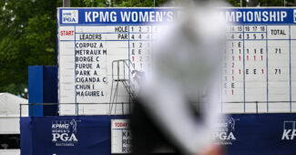 View of the leaderboard at the 2023 KPMG Women's PGA Championship in Springfield, New Jersey.