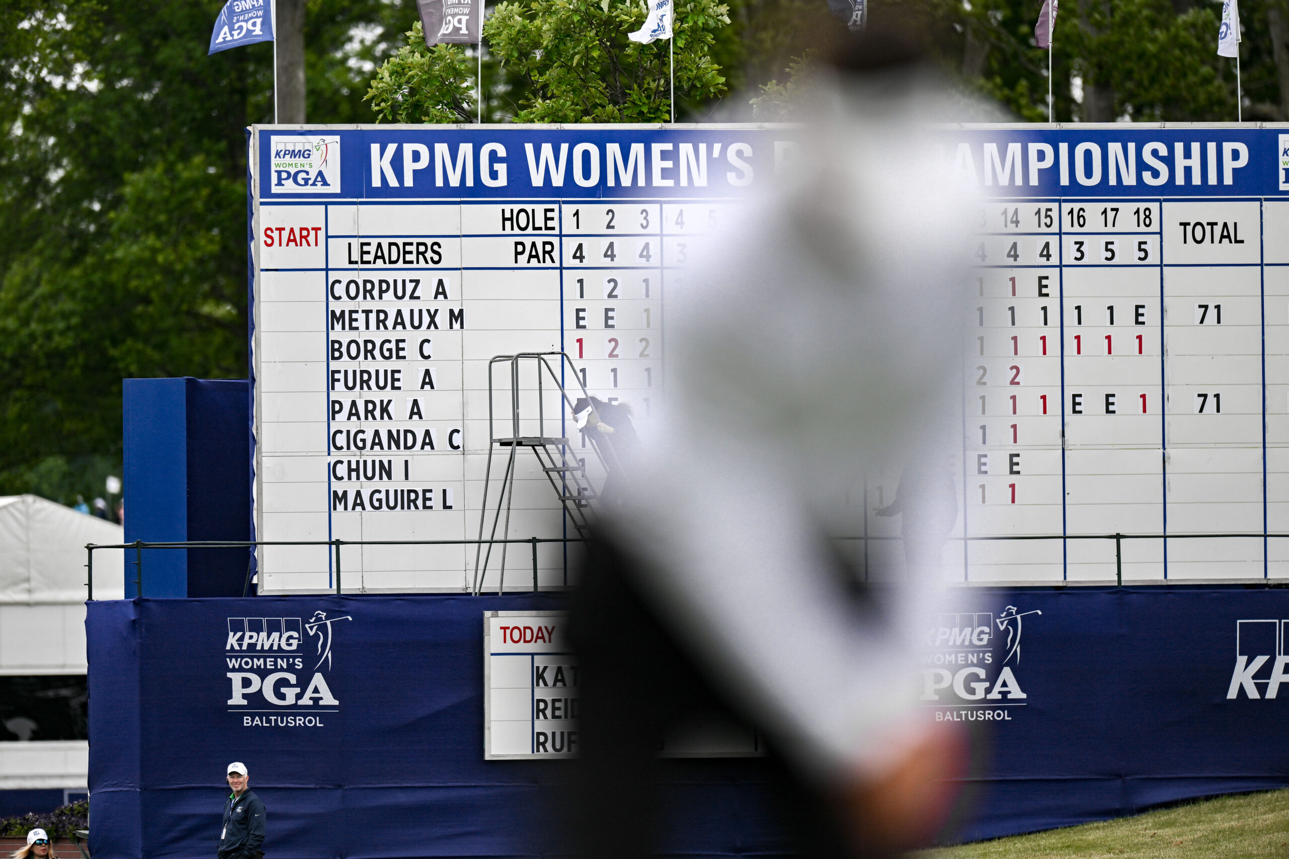View of the leaderboard at the 2023 KPMG Women's PGA Championship in Springfield, New Jersey.