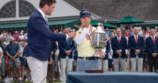Yuka Saso, emotional, at the trophy ceremony for the 2024 U.S. Women's Open at Lancaster Country Club.