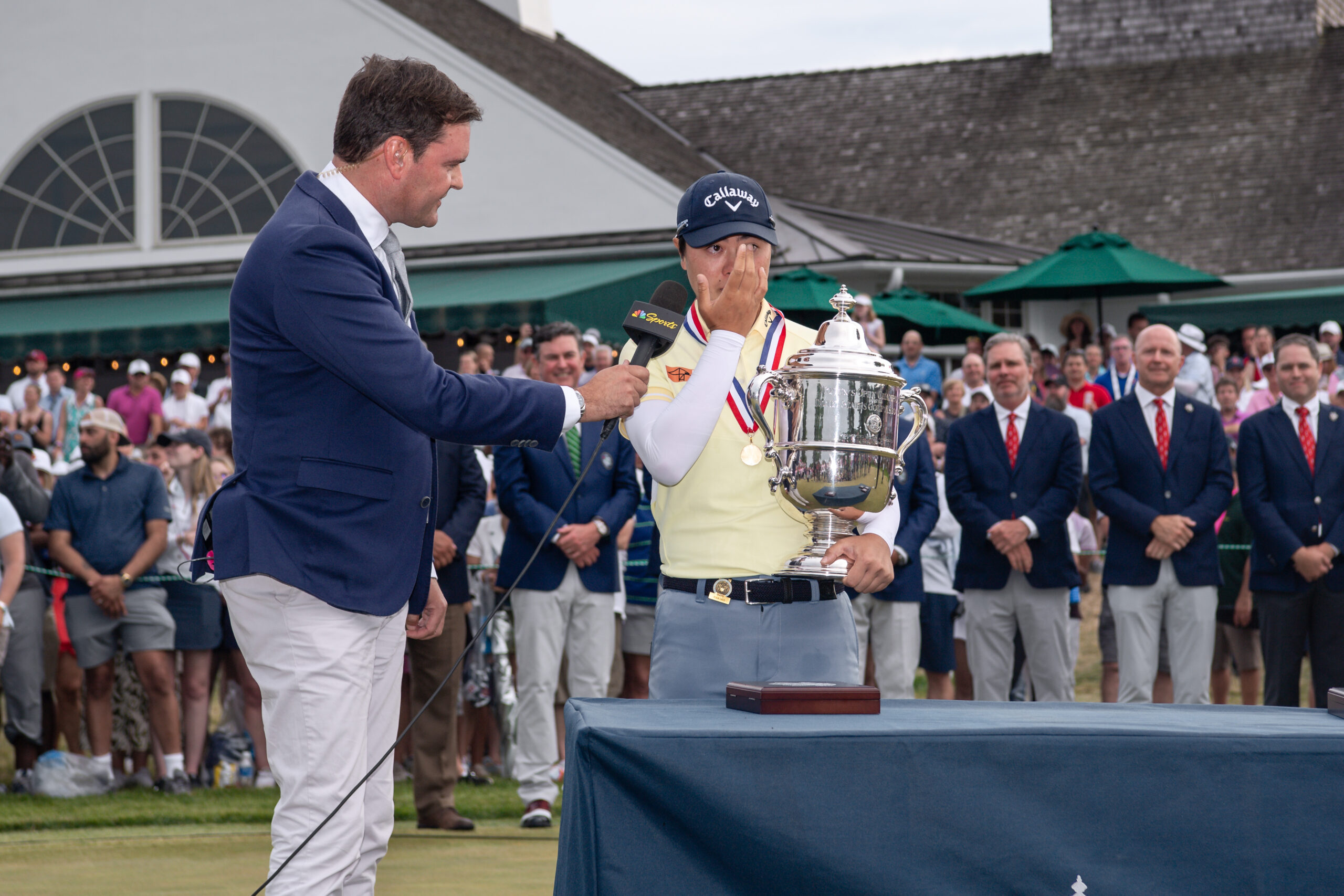 Yuka Saso, emotional, at the trophy ceremony for the 2024 U.S. Women's Open at Lancaster Country Club.