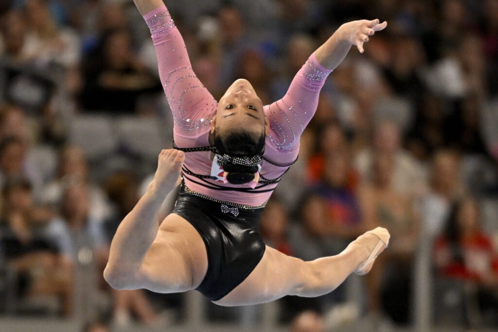 Gymnast Leanne Wong of University of Florida performs on floor