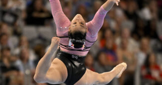 Gymnast Leanne Wong of University of Florida performs on floor