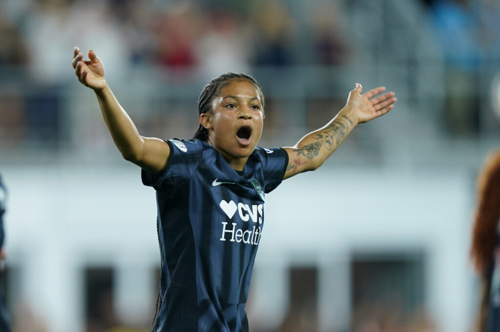 Croix Bethune of the Washington Spirit shouts after scoring a goal