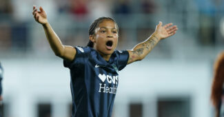 Croix Bethune of the Washington Spirit shouts after scoring a goal