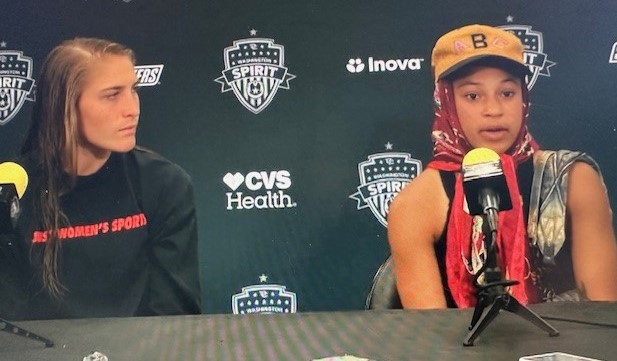 Aubrey Kingsbury and Croix Bethune talk to media