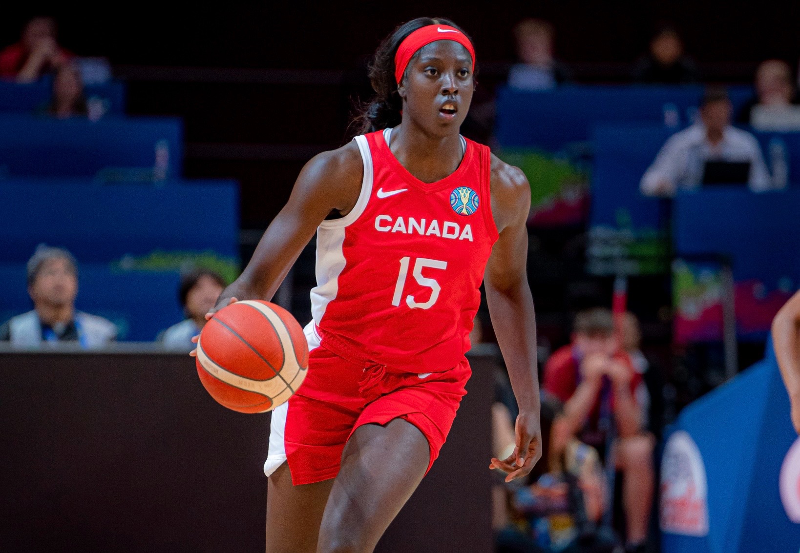 Atlanta Dream forward Laeticia Amihere handles the ball for Canada against Japan at the 2022 FIBA World Cup on Sept. 25, 2022 in Sydney, Australia. (Photo credit: @CanBball on X/Twitter)