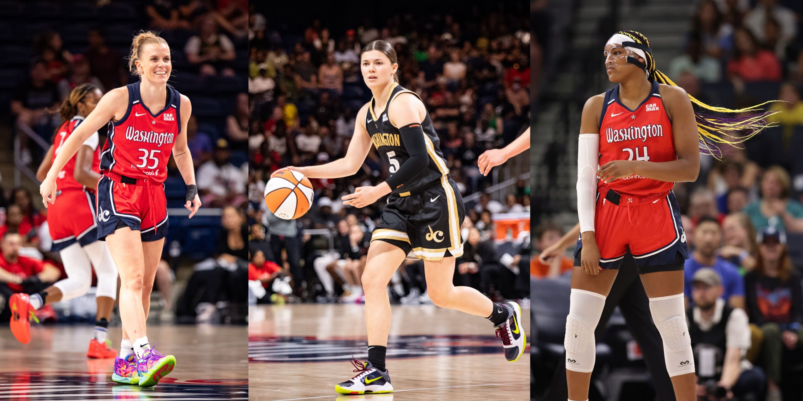 Game photos of the three Washington Mystics players who received Olympic berths are displayed side-by-side. On the left, Julie Vanloo grins. In the center, Jade Melbourne dribbles the ball with her right hand. On the right, Aaliyah Edwards looks off to her right as her ponytail hangs in the air.