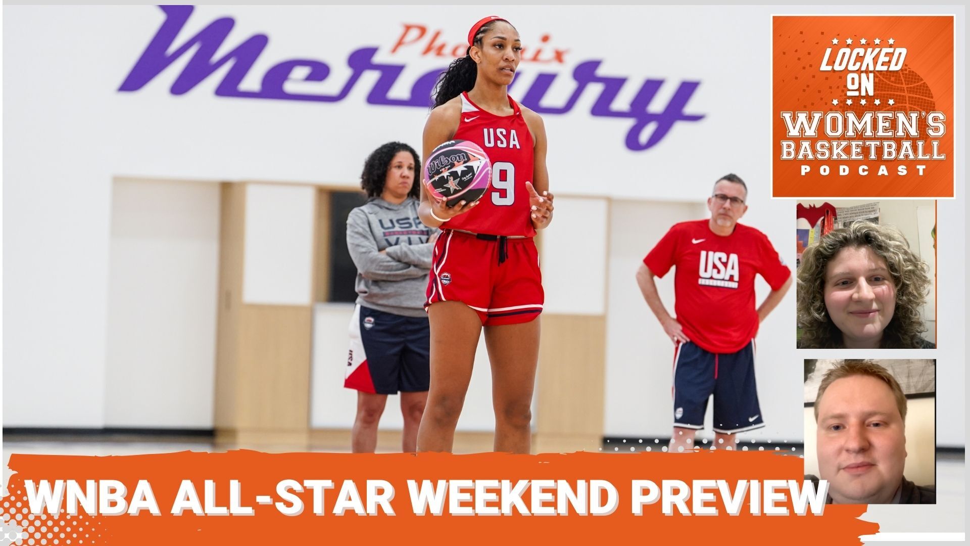 A'ja Wilson and USA Basketball coaches are pictured at USA Basketball practice. The photo overlays the Locked on WBB logo, thumbnail images of host Jackie and guest Jesse, and the title "WNBA All-Star Weekend Preview."