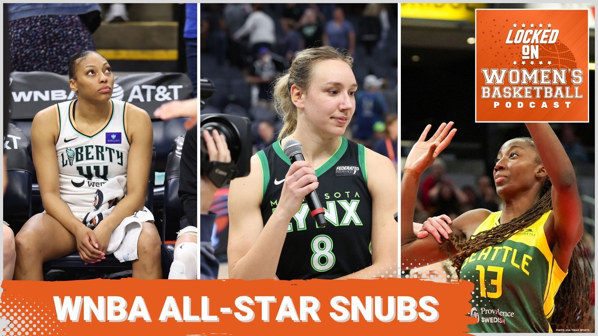 A preview thumbnail for the locked on women's basketball podcast episode titled "WNBA All-Star Snubs", with the title on an orange banner in white text at the bottom, with the top split into thirds with photos of New York's Betnijah Laney-Hamilton on the left, Minnesota's Alanna Smith in the middle, and Seattle's Ezi Magbegor on the right