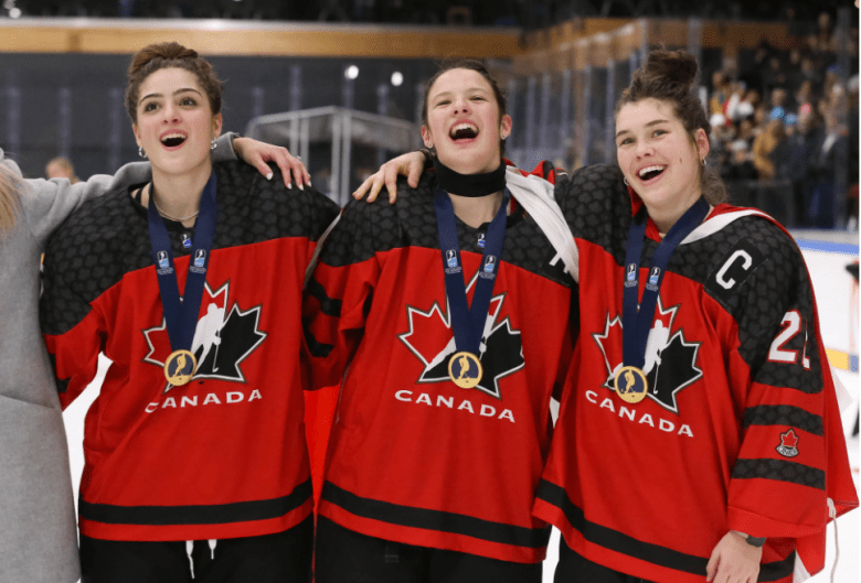 Ava Murphy, Emmalee Pais, and Jocelyn Amos celebrate a Gold Medal Win at the 2023 U18 WHC's