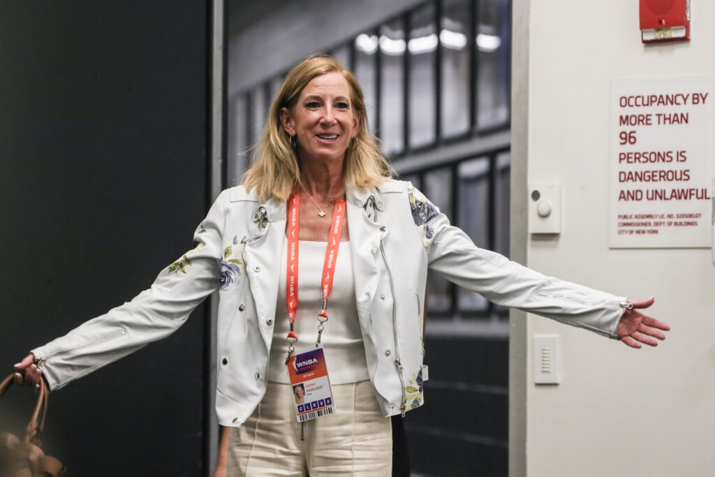 Aug 6, 2023; Brooklyn, New York, USA;  WNBA Commissioner Cathy Engelbert arrives for a press conference prior to the game between the Las Vegas Aces and the New York Liberty at Barclays Center.  Wendell Cruz-USA TODAY Sports