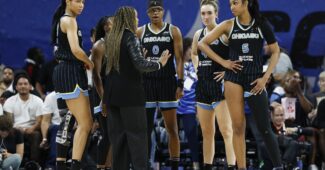 The Chicago Sky discuss things in a huddle with head coach Teresa Weatherspoon.