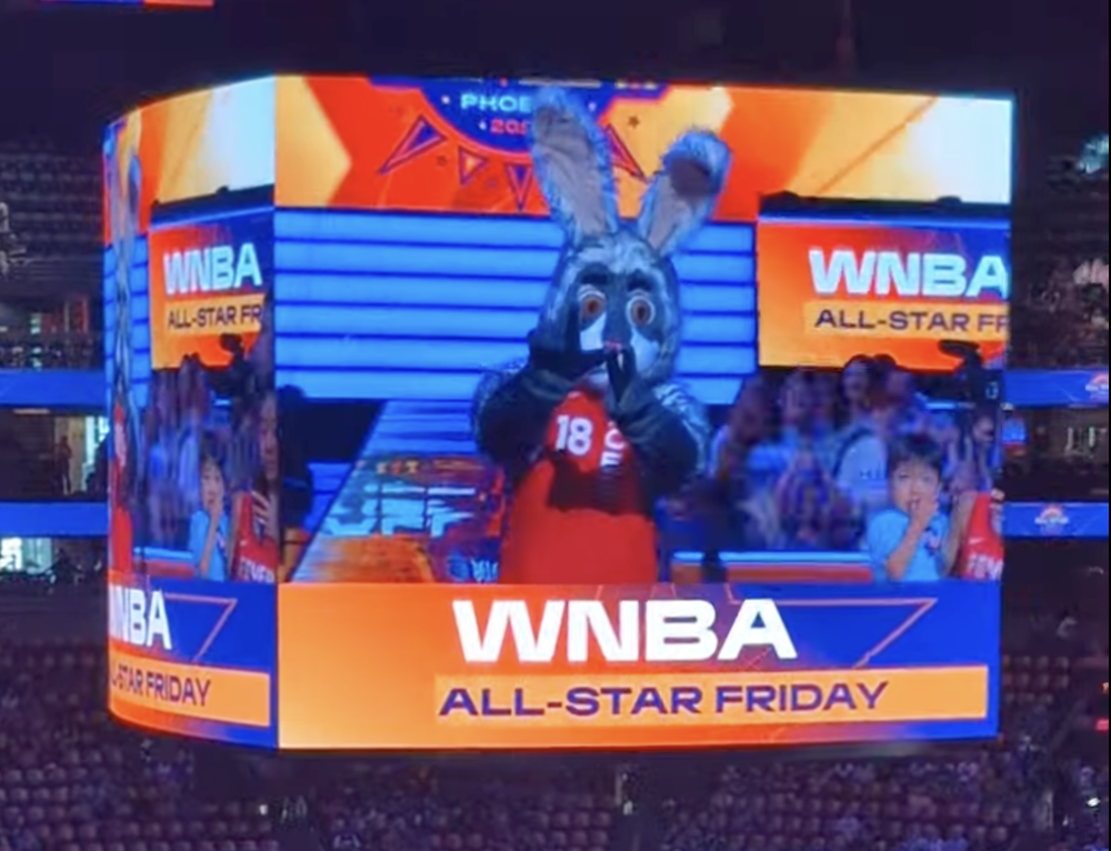 BUCKET$, mascot for the Las Vegas Aces, flashes the LV symbol while being introduced before the 2024 WNBA Skills Challenge.