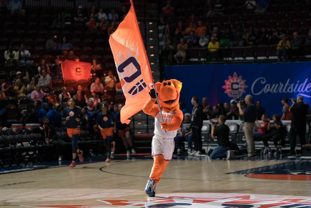 Blaze runs onto the court with a flag prior to a game on May 28, 2024 between the Sun and the Mercury.