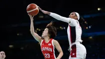 A'ja Wilson of the U.S. blocks Mai Yamamoto of Japan
