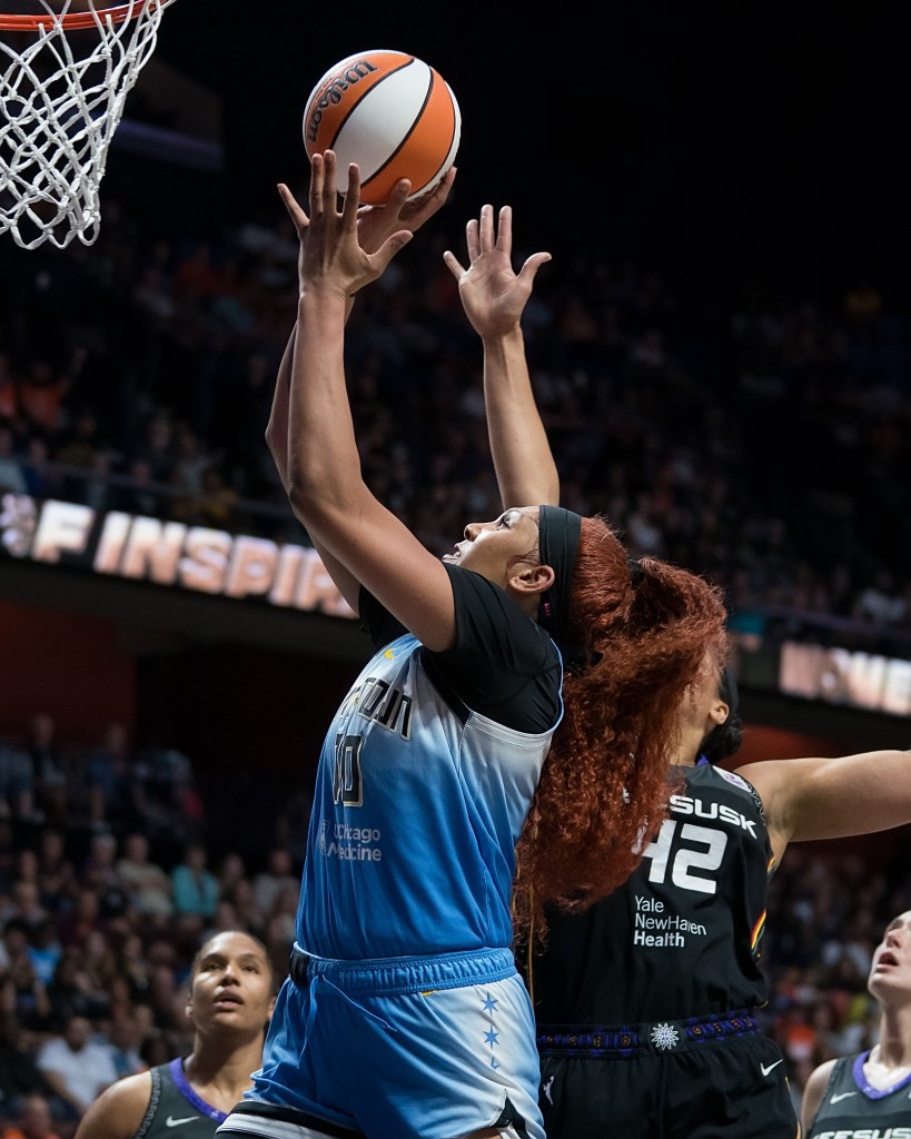 Chicago Sky center Kamila Cardoso eyes the basket as she goes up for a layup