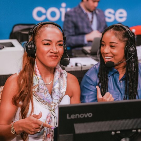 Ros Gold-Onwude and Zora Stephenson share the broadcast booth during the Liberty's game against the Storm on May 20, 2024. (Photo courtesy of Ros Gold-Onwude)