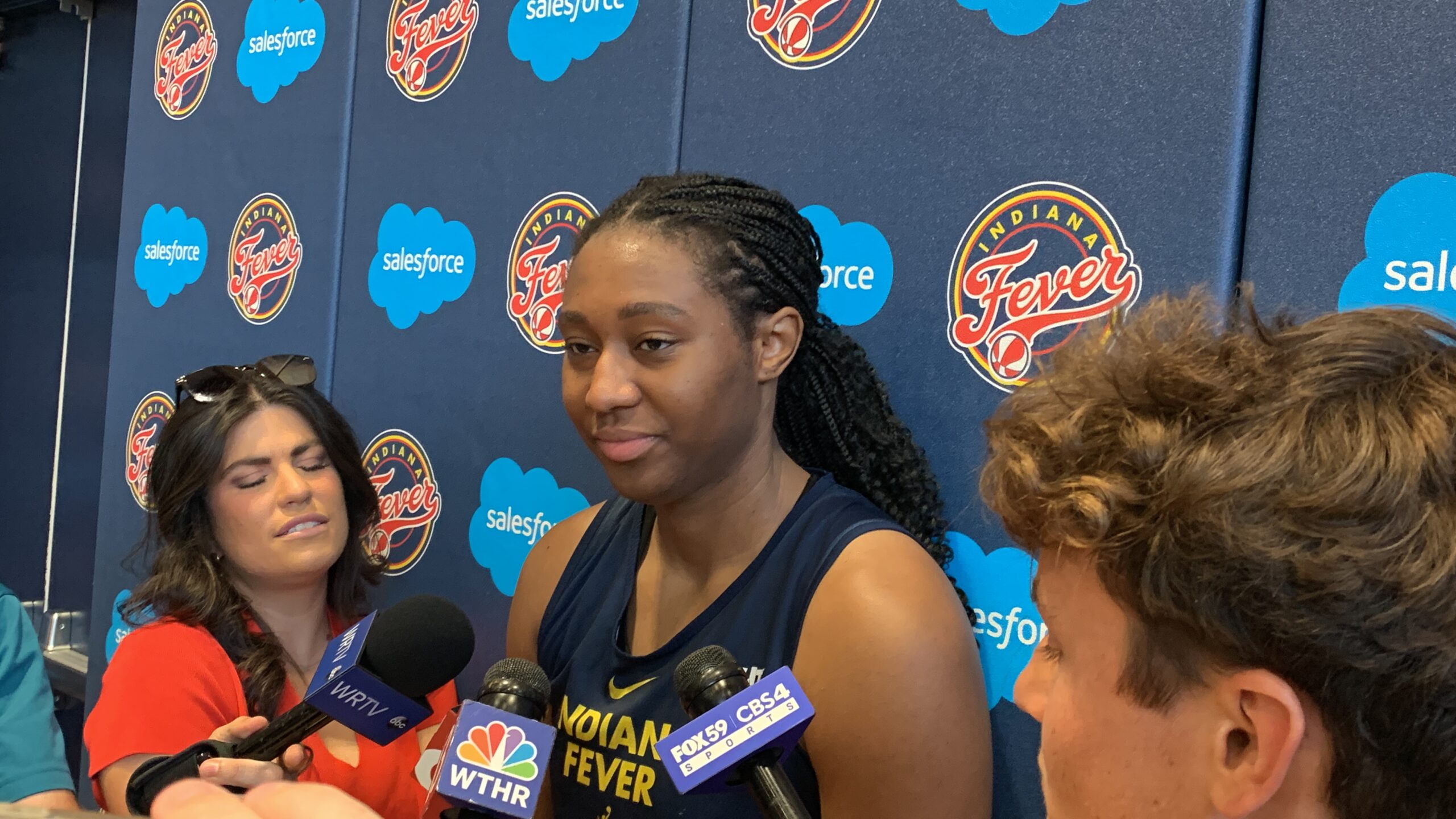 Indiana Fever center Aliyah Boston address the media.