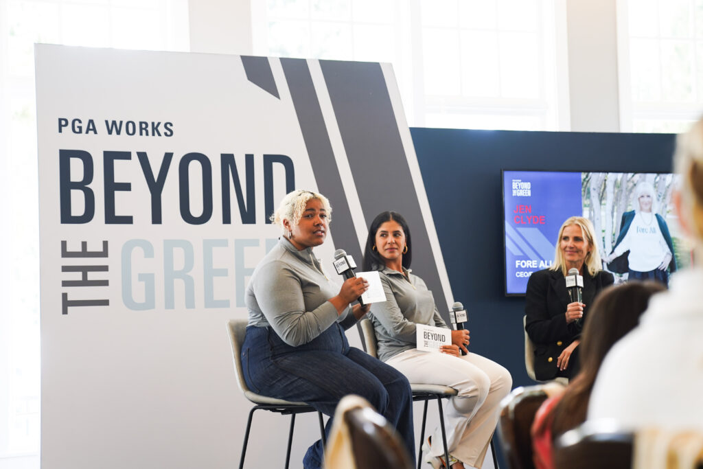 Addie Parker (me), Shayain Gus (middle) and Jen Clyde (right) moderating the PGA Works: Beyond the Green panel at the 2024 KPMG Women's PGA Championship. (Photo via Hayden Lewis, PGA of America)