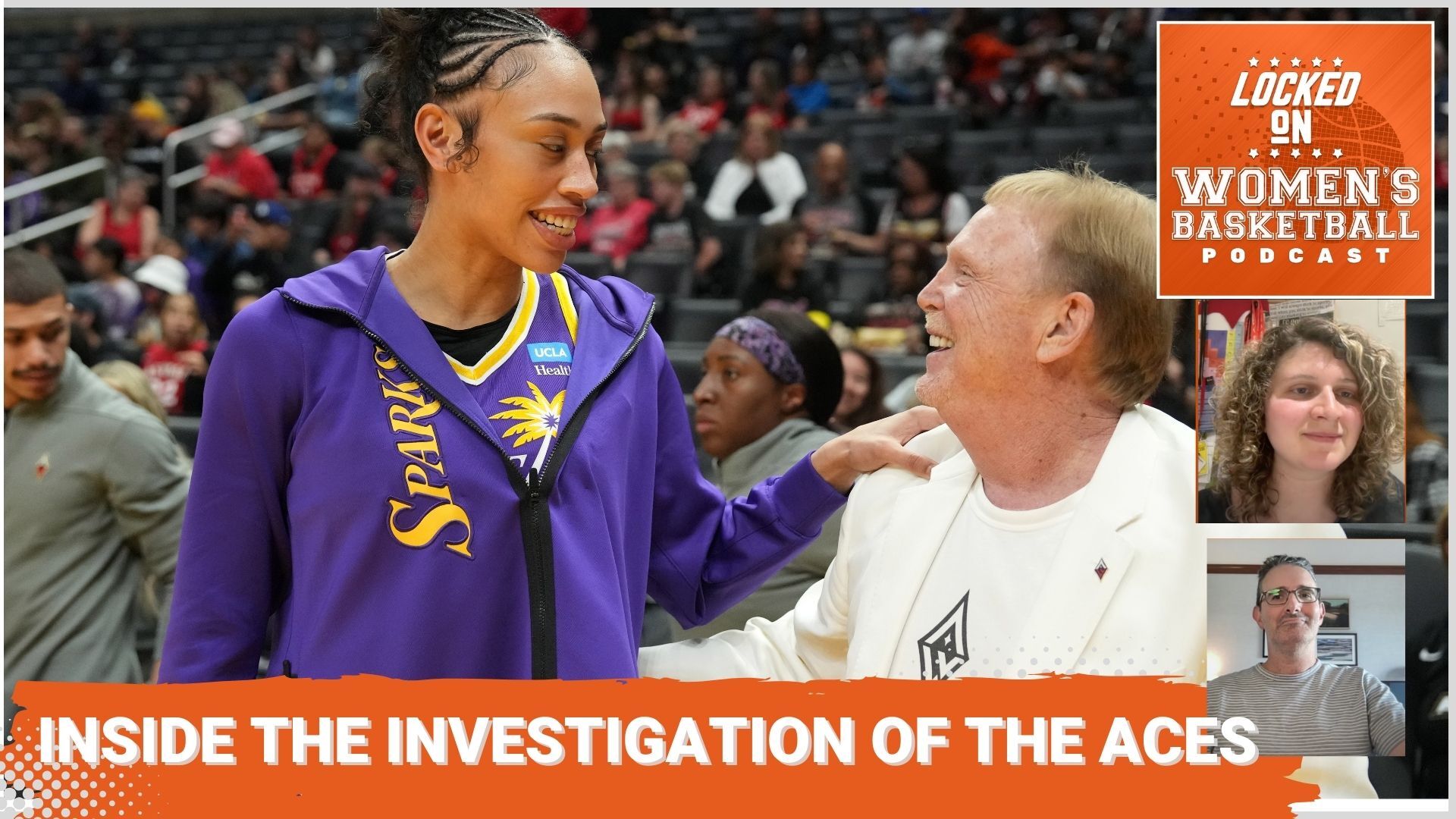 Locked On Women's Basketball episode header. Picture of Dearica Hamby and Mark Davis. Text overlay reads "Inside The Investigation of the Aces."