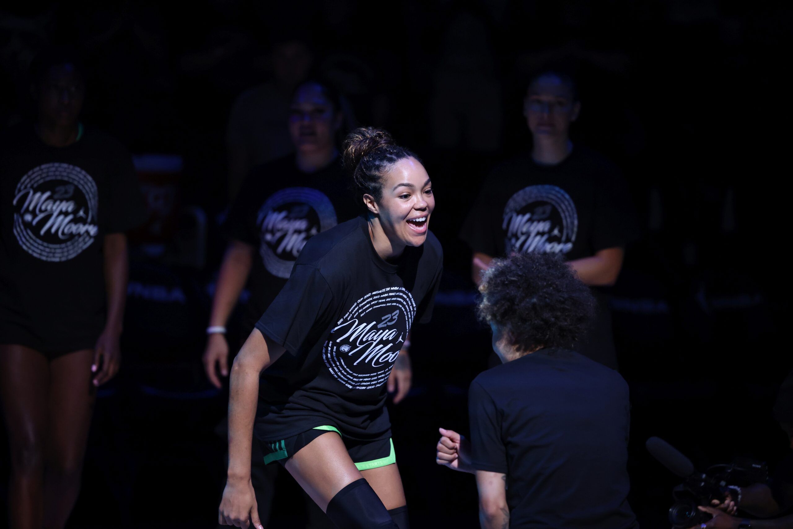 Napheesa Collier, in her special Maya Moore shirt, is introduced ahead of Minnesota's game against the Indiana Fever