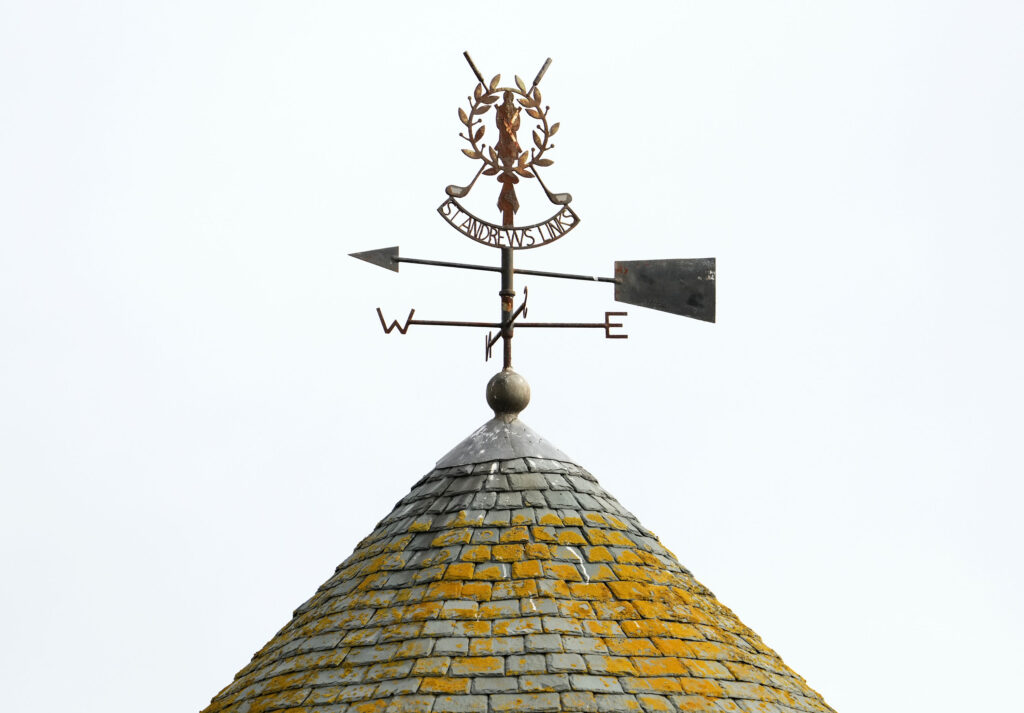St. Andrews Links weather vane seen on top of the Players Clubhouse at the 150th Open Championship golf tournament at St. Andrews Old Course.