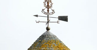 St. Andrews Links weather vane seen on top of the Players Clubhouse at the 150th Open Championship golf tournament at St. Andrews Old Course.