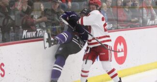 Wisconsin's Maddie Wheeler checks a player during NCAA women's hockey match