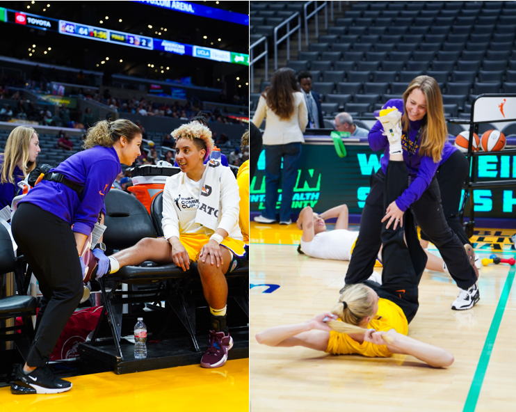 Two photos next to each other. The left photo is Los Angeles Sparks head athletic trainer Karissa Scherer kneeling on the team bench while working on Layshia Clarendon's ankle. The right photo is Sparks director of health and performance, physical therapist, and strength coach Chelsea Ortega standing on the basketball court stretching Cameron Brink's hamstrings.