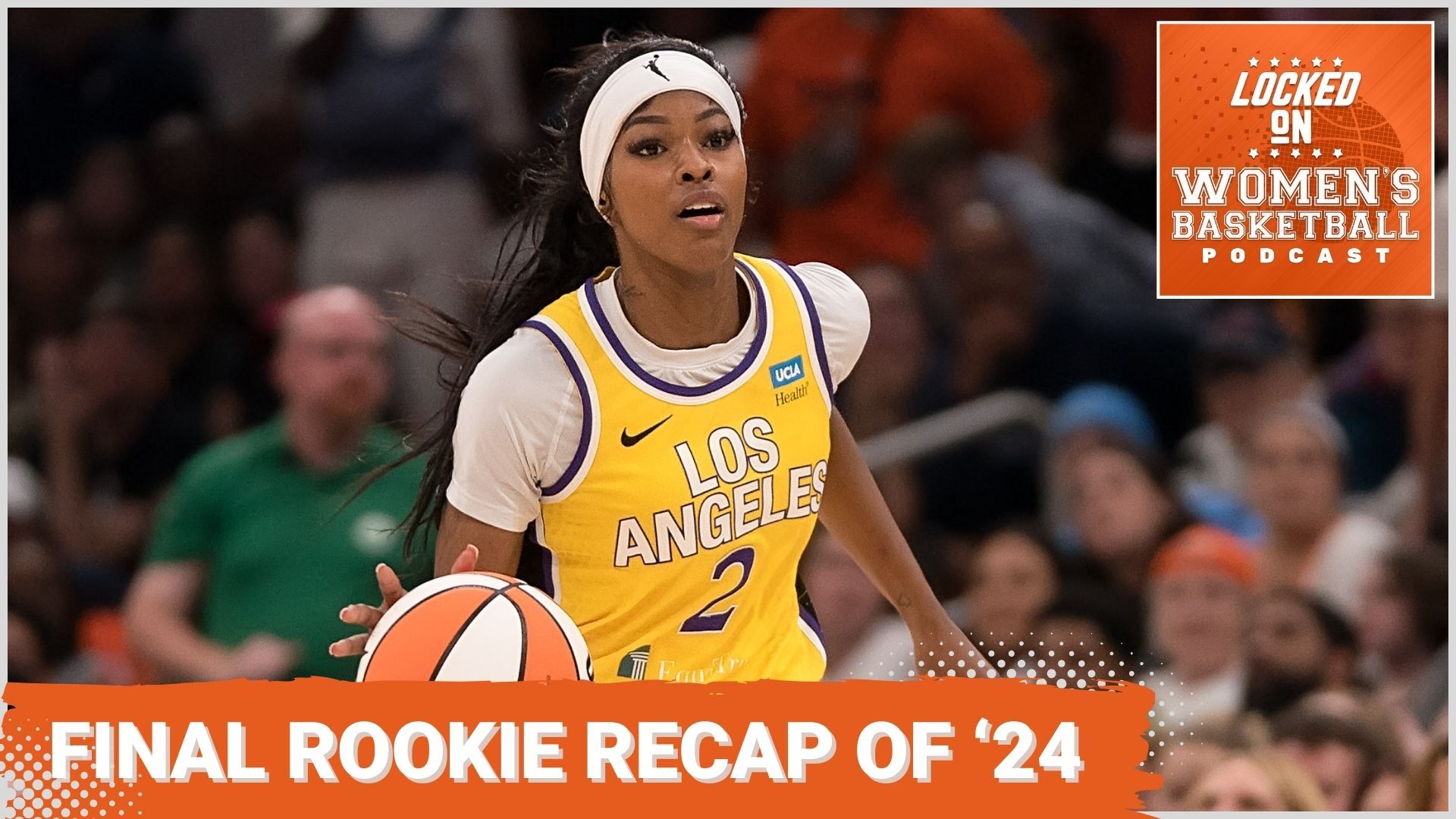 Los Angeles Sparks forward Rickea Jackson dribbles the ball with her right hand. The text "Final rookie recap of '24" is overlaid at the bottom in all caps, and the orange Locked On Women's Basketball logo is in the top right corner.