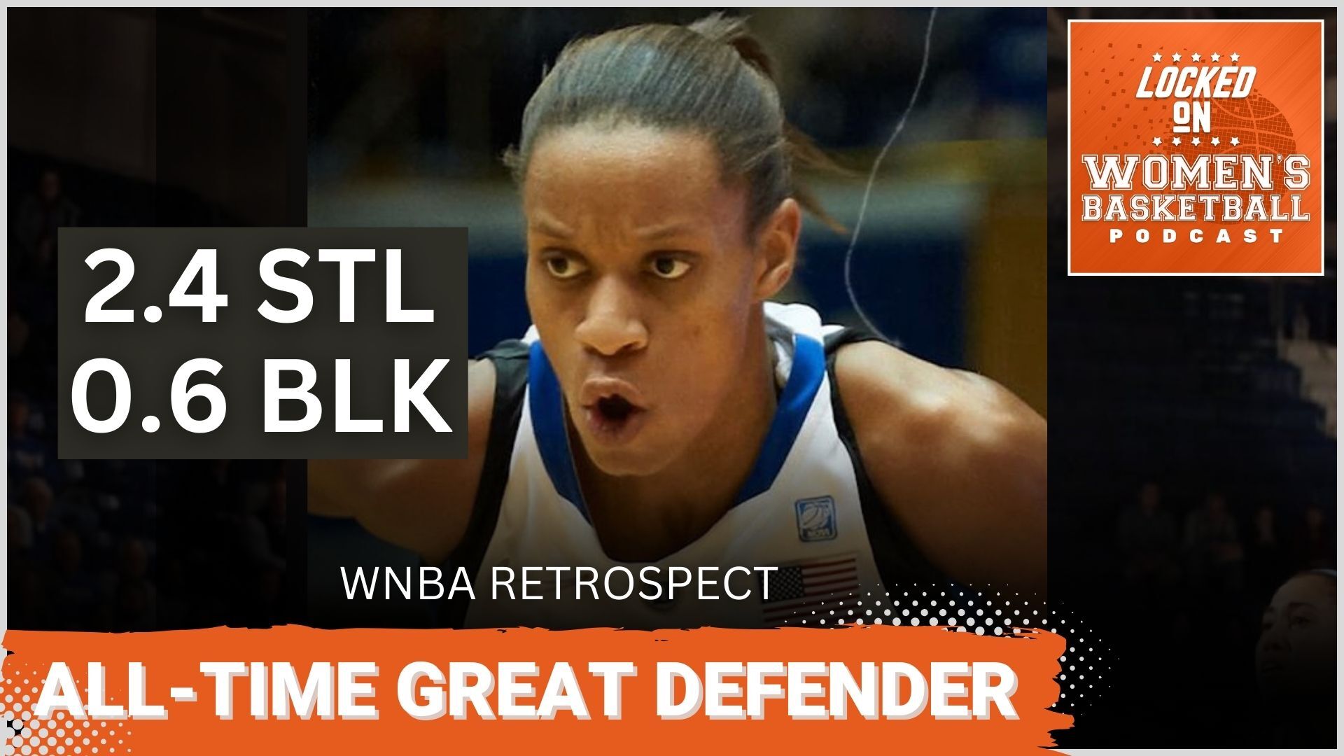 A close-up photo of Duke guard Jasmine Thomas in a game, leaning forward with her mouth slightly open in an O shape. The phrases "WNBA Retrospect" and "All-time great defender" are overlaid at the bottom in all caps, and the orange Locked On Women's Basketball logo is in the top right corner.