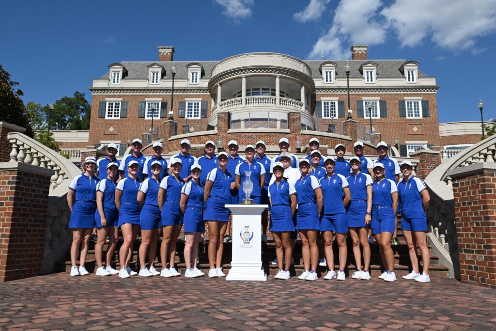 Team Europe poses with the Solheim Cup outside the Robert Trent Jones clubhouse