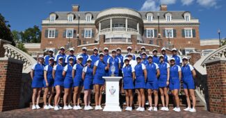 Team Europe poses with the Solheim Cup outside the Robert Trent Jones clubhouse