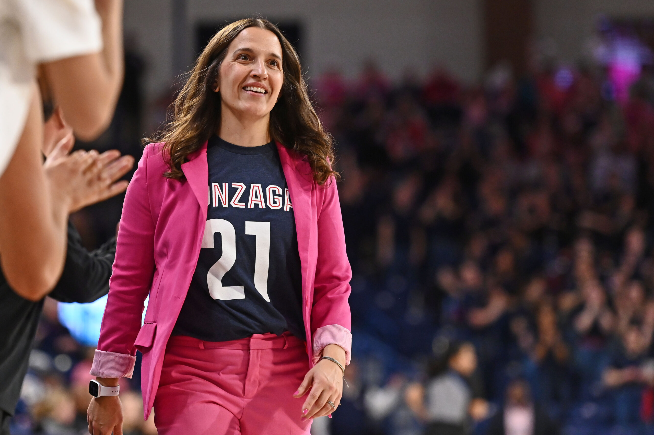 Gonzaga Bulldogs head coach Lisa Fortier looks on from the sidelines as her team plays the Portland Pilots at McCarthey Athletic Center on Feb 11, 2023.