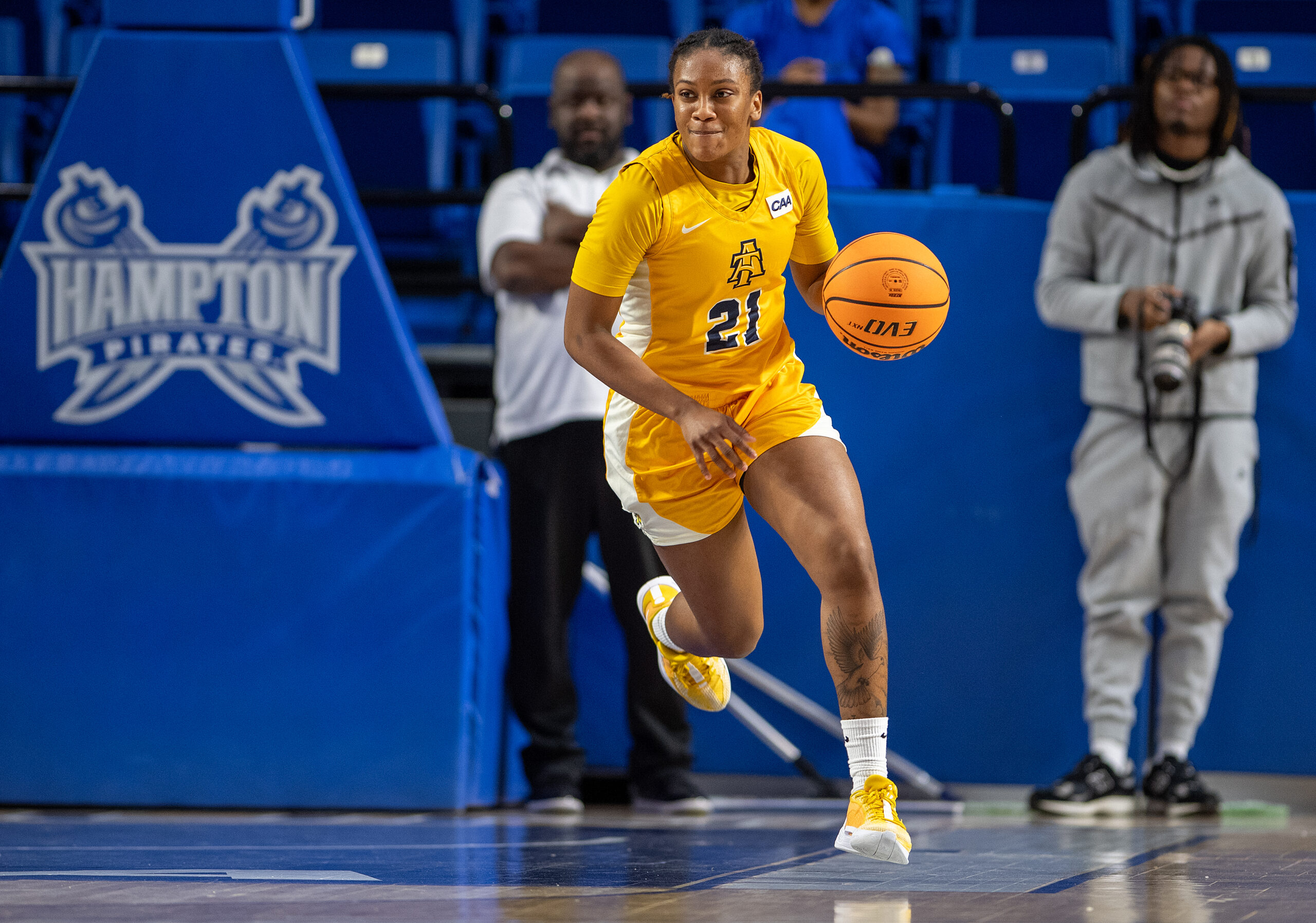 Jordyn Dorsey dribbles the ball in a game against Hampton. She leads North Carolina A&T, the CAA preseason favorite (photo credit: Erin E. Mizelle, North Carolina A&T Athletics)