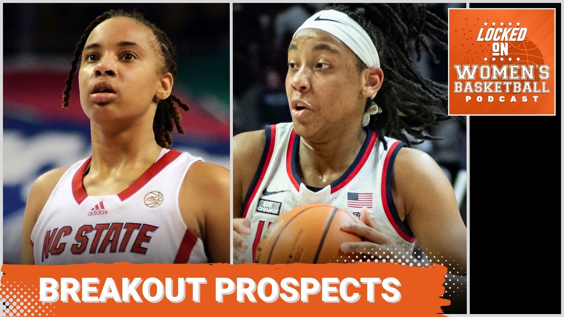 Side-by-side close-up photos of NC State's Aziaha James and UConn's KK Arnold wearing their respective jerseys in game action. The text "Breakout prospects" is overlaid at the bottom in all caps, and the orange Locked On Women's Basketball logo is in the top right corner.