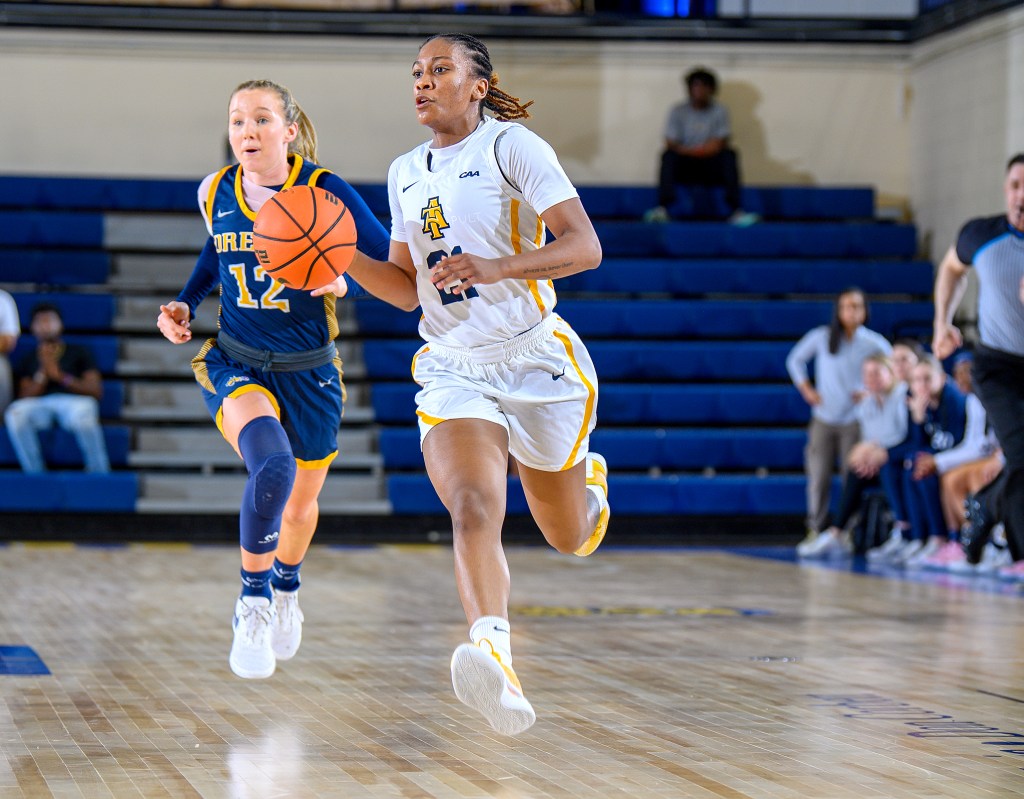 North Carolina A&T senior guard Jordyn Dorsey brings the ball up the court