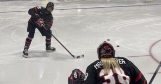 Emerance Maschmeyer in pregame warmups for Canada.