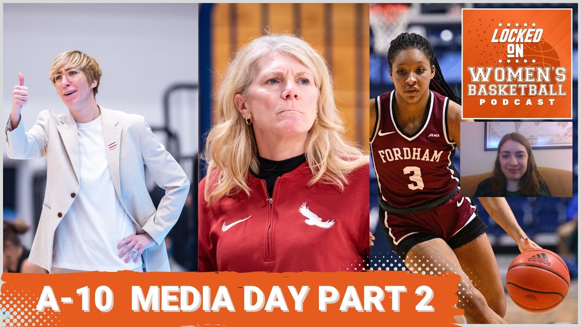 Thumbnail image that includes photos of two coaches and one player, with the title "A-10 Media Day Part 2" in the foreground