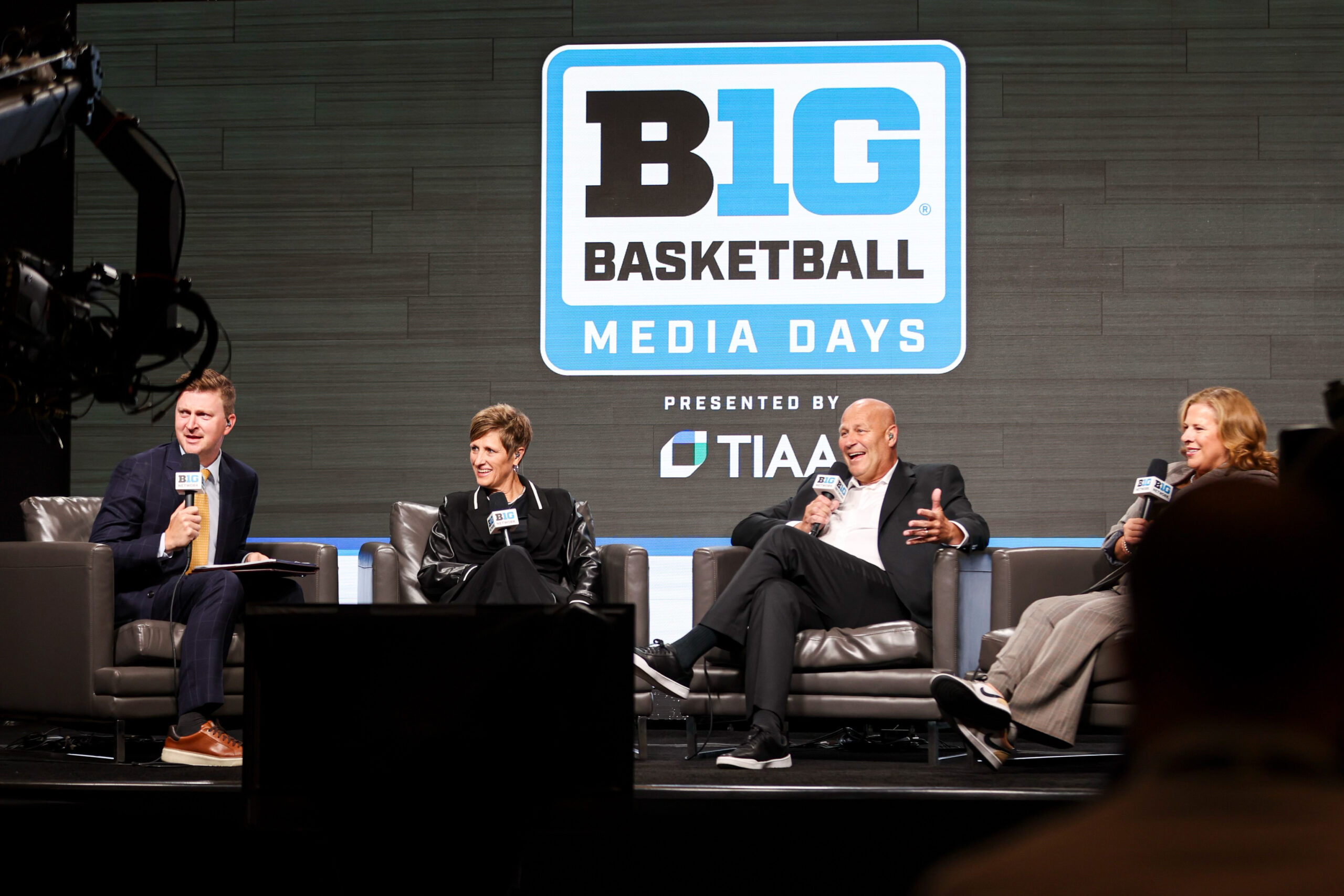 Big Ten Network host Mike Hall interviews Indiana's Teri Moren, Oregon's Kelly Graves and UCLA's Cori Close during Big Ten Media Day.