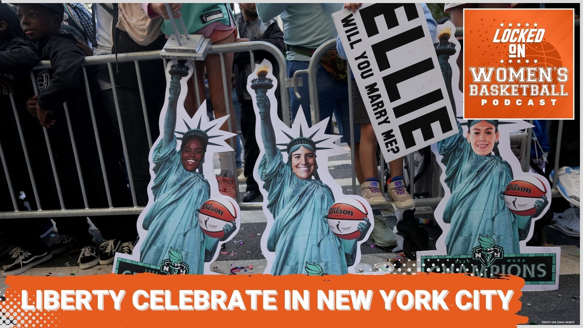 A graphic featuring a photo of signs from the New York Liberty's championship parade. The text "Liberty celebrate in New York City" is overlaid at the bottom in all caps, and the orange Locked On Women's Basketball logo is in the top right corner.