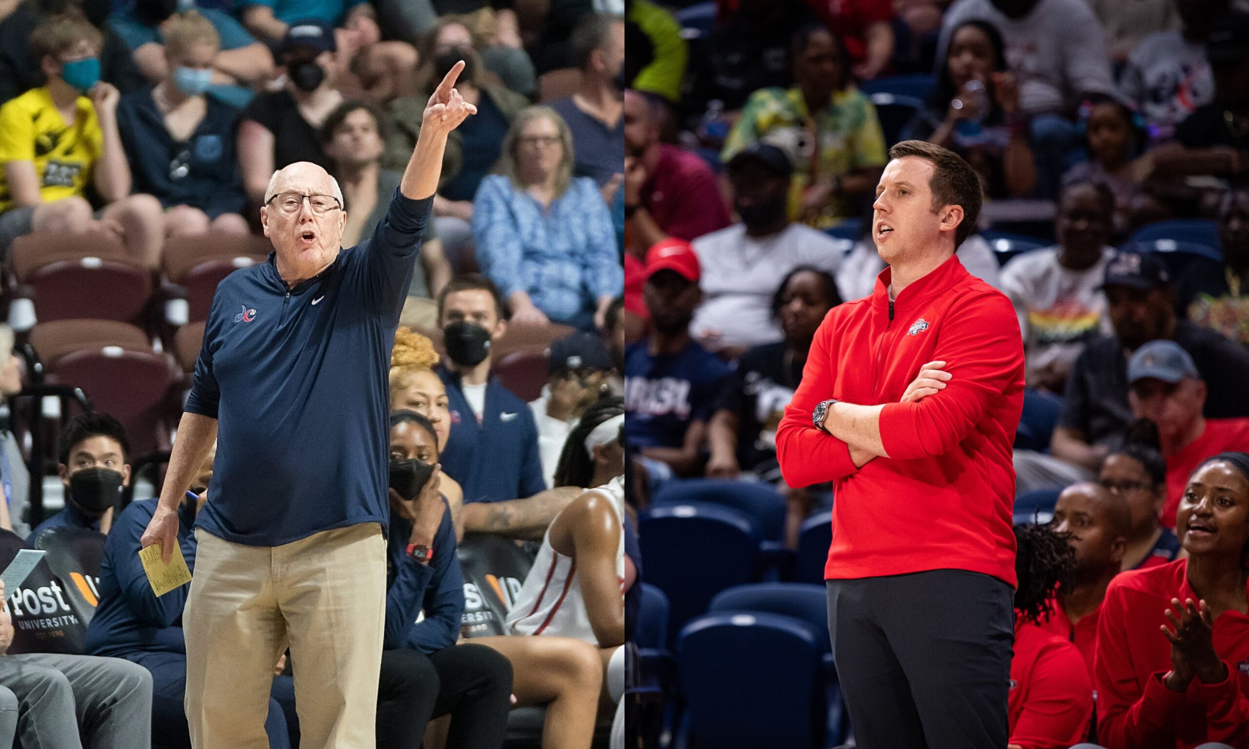 Side-by-side photos of Mike and Eric Thibault coaching the Washington Mystics. Mike Thibault points his left index finger and shouts to his players from the sideline. Eric Thibault stands on the sideline with his arms folded across his chest.
