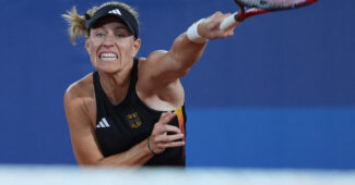Angelique Kerber hits a forehand at the 2024 Paris Olympics