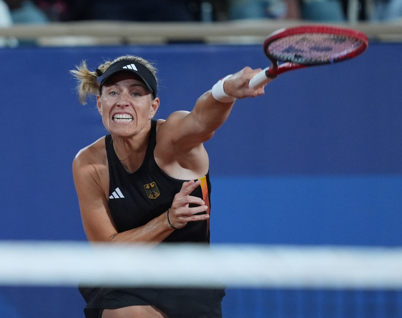 Angelique Kerber hits a forehand at the 2024 Paris Olympics