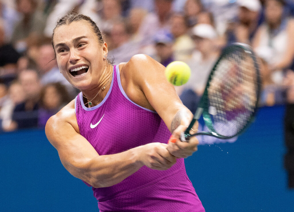 Aryna Sabalenka hits a backhand at the 2024 U.S. Open