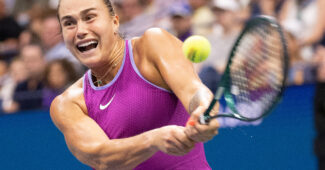 Aryna Sabalenka hits a backhand at the 2024 U.S. Open