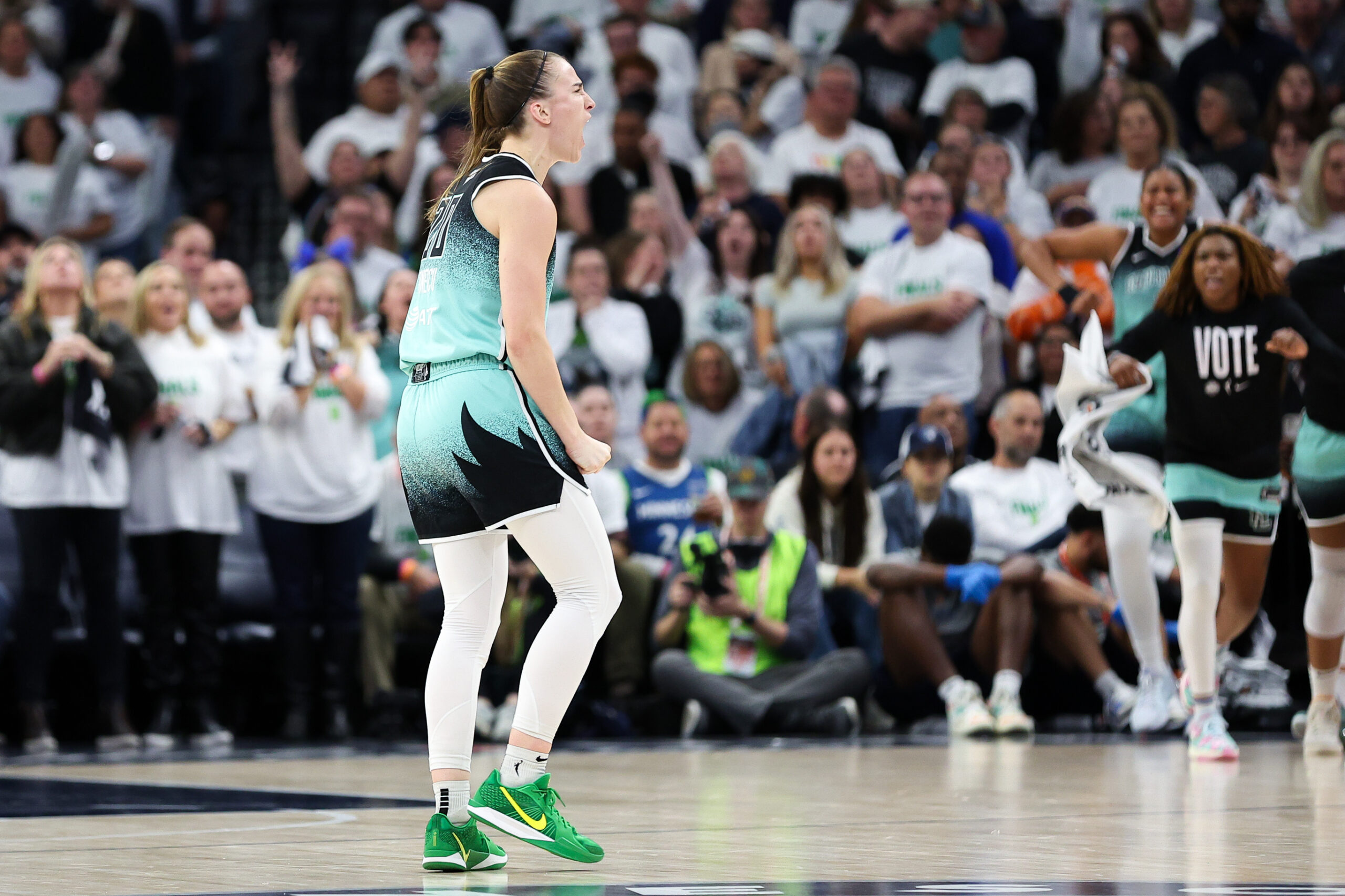 Sabrina Ionescu celebrates her huge 3-point shot in Game 3 of the 2024 WNBA Finals