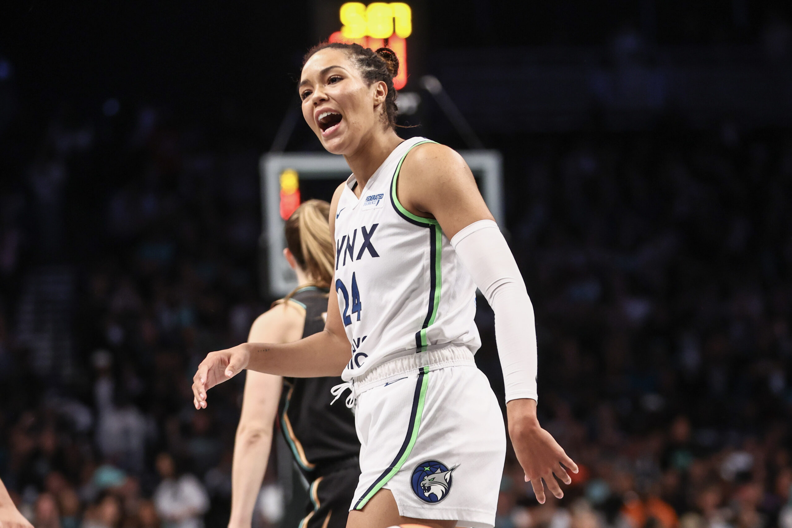 Napheesa Collier reacts to a no-call in Game 5 of the WNBA Finals