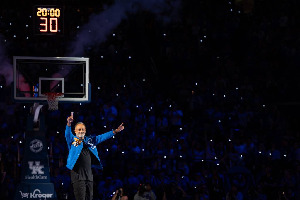 Kentucky head coach Kenny Brooks addresses the crowd at Rupp Arena during Big Blue Madness.
