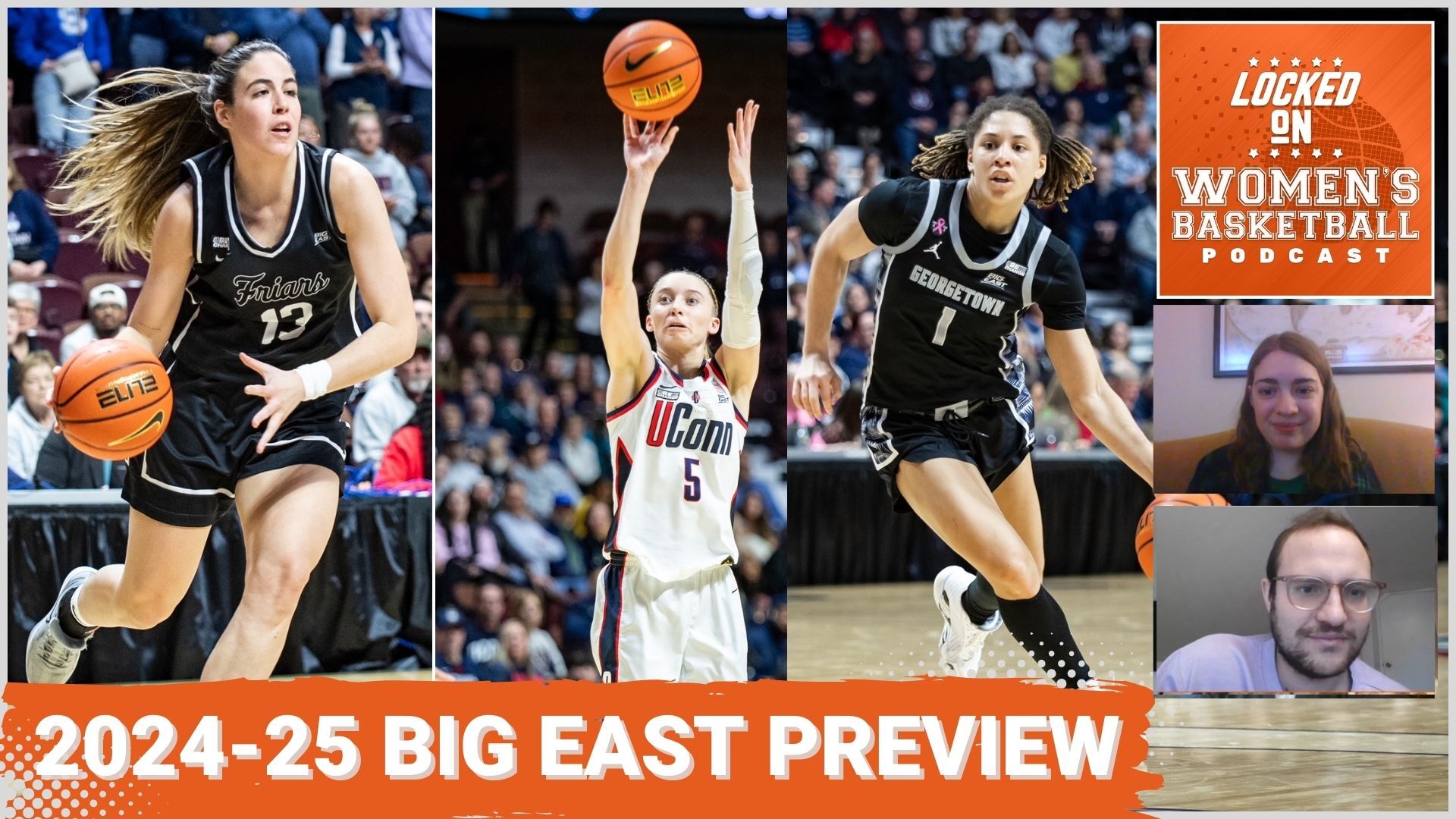 From left to right, Providence guard/forward Marta Morales Romero, UConn guard Paige Bueckers and Georgetown guard Kelsey Ransom are pictured over alongside the Locked On Women's Basketball logo and the title "2024-25 BIG EAST preview"